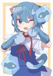  1girl ;d animal_collar animal_ears animal_hands blue_bow blue_dress blue_eyes blue_gloves blue_hair blue_tail border bow cat_ears cat_tail cirno collar collared_shirt commentary commentary_request dress fairy_wings fang fish gloves hair_between_eyes hair_bow highres ice ice_wings leash looking_to_the_side neck_ribbon one_eye_closed open_mouth paw_gloves pinafore_dress red_collar red_ribbon ribbon shirt short_hair sidelocks sideways_glance skin_fang smile solo sweatdrop tail touhou v-shaped_eyebrows white_background white_shirt wings yellow_border yuzupon_(yuzuponpon) 