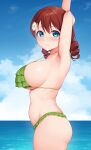  1girl aqua_eyes armpits arms_up belly bikini blue_sky breasts brown_hair cloud day drill_hair emma_verde flower freckles frilled_bikini frills from_side green_bikini hair_flower hair_ornament highres large_breasts looking_at_viewer looking_to_the_side love_live! love_live!_nijigasaki_high_school_idol_club navel ocean outdoors sideboob sky solo stomach strap_gap swimsuit twin_drills unsfrau wet 