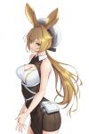 1girl animal_ears arknights bare_shoulders bike_shorts blonde_hair bowlp breasts cleavage cleavage_cutout clothing_cutout cowboy_shot dorothy_(arknights) green_eyes highres long_hair low_ponytail mouse_ears mouse_girl own_hands_together sleeveless white_background white_headwear yellow_eyes 