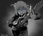  1girl aestheticc-meme artist_name blue_eyes blurry bocchi_the_rock! breasts crying depth_of_field electric_guitar gotoh_hitori guitar hair_between_eyes highres holding_guitar instrument kagurabachi large_breasts long_hair monochrome music one_side_up parody playing_instrument 