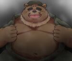  2023 anthro bear belly big_belly black_nose bodily_fluids brown_body clothing hat headgear headwear hi_res humanoid_hands kemono male mammal moobs musk navel nipples overweight overweight_male solo sweat yanununununu 