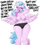  absurd_res anthro anthrofied areola avian beak big_breasts blue_hair breasts clothed clothing dialogue english_text eyebrows eyelashes female fingers flutterthrash friendship_is_magic fur gryphon hair hand_behind_head hasbro hi_res inverted_nipples long_hair my_little_pony mythological_avian mythology nipples open_beak open_mouth panties pink_body pink_fur portrait purple_areola silverstream_(mlp) simple_background solo standing text three-quarter_portrait topless underwear white_background wide_hips wings 