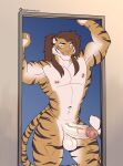  2023 absurd_res ajdrawsnice anthro balls bedroom_eyes big_penis brown_hair digital_media_(artwork) doorway ear_piercing ear_ring erection felid foreskin fur genitals hair hi_res huge_penis humanoid_genitalia humanoid_penis licking licking_lips long_hair male mammal markings muscular muscular_male narrowed_eyes nipple_piercing nipples pantherine pecs penis piercing retracted_foreskin ring_piercing seductive simple_background smile solo striped_body striped_fur striped_markings striped_tail stripes tail tail_markings teo_(character) thick_thighs tiger tongue tongue_out vein veiny_penis 