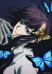  1girl black_necktie blue_background blue_butterfly blurry bob_cut bug bungou_stray_dogs butterfly butterfly_hair_ornament cioccolatodorima collared_shirt commentary depth_of_field english_commentary expressionless from_side hair_between_eyes hair_ornament hairclip hand_on_another&#039;s_chin head_back highres inverted_bob lips looking_at_viewer looking_to_the_side necktie official_style purple_eyes purple_hair shirt short_hair simple_background skeletal_hand solo upper_body white_shirt yosano_akiko 