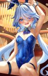  1girl :d absurdres ahoge animal_ears arm_up armpits ascot bare_arms bare_shoulders blue_ascot blue_eyes blue_hair blue_leotard blush breasts brooch commentary_request covered_navel detached_collar fake_animal_ears furina_(genshin_impact) genshin_impact hair_intakes highres jewelry leotard long_hair looking_at_viewer open_mouth playboy_bunny rabbit_ears small_breasts smile solo strapless strapless_leotard very_long_hair white-paka wrist_cuffs 