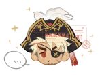  ... 1boy :/ amaimochi bara bara_pirate blonde_hair chibi eyebrow_cut eyepatch goatee_stubble hat highres looking_at_viewer male_focus mature_male original pants pirate pirate_hat red_eyes short_hair sideburns solo sparkle thick_eyebrows v-shaped_eyebrows 