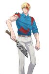  1boy belt blonde_hair blood blood_in_hair blood_on_clothes blood_on_face brown_belt collared_shirt feet_out_of_frame grey_pants holding holding_knife holding_weapon jujutsu_kaisen knife looking_at_viewer male_focus nanami_kento pants satou_(loxo666) shirt short_hair solo standing torn_clothes torn_shirt torn_sleeve weapon 