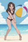  1girl ball barefoot beach beachball bikini breasts brown_bikini brown_eyes brown_hair chocomiru cloud highres long_hair ocean open_mouth original own_hands_together small_breasts smile solo swimsuit 