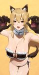  1girl :d absurdres animal_ears animal_hands bikini black_bikini blonde_hair breasts brown_eyes claw_pose cleavage commentary_request cowboy_shot curvy dog_ears dog_girl dog_tail eyepatch_bikini fake_animal_ears fang fur-trimmed_bikini fur-trimmed_collar fur_trim gloves hair_between_eyes highres large_breasts looking_at_viewer medium_hair micro_bikini open_mouth original paw_gloves simple_background skindentation smile solo swimsuit tail tsuneta328 yellow_background 