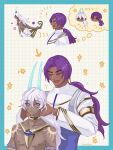  2boys ^_^ adjusting_another&#039;s_eyewear arjuna_(fate) arjuna_alter_(fate) bhima_(fate) bhima_(second_ascension)_(fate) bishounen blue_horns chibi chibi_inset closed_eyes collage dark-skinned_male dark_skin fate/grand_order fate_(series) floating flower_(symbol) glowing_horns happy_aura highres horns long_hair male_focus matching_hairstyle multiple_boys mz6gp nipples notice_lines purple_hair skinny tail topless_male upper_body 