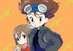  1boy 1girl blush brother_and_sister brown_hair chewing_gum digimon digimon_adventure dreamearth glasses goggles goggles_on_head hair_between_eyes jacket looking_at_viewer orange_background red_eyes short_hair siblings yagami_hikari yagami_taichi 