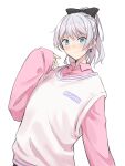  1girl bang_dream! blue_eyes bow grey_hair hair_bow highres light_blush looking_at_viewer pink_shirt ponytail shirt sleeves_past_wrists smile solo sou_(user_hgyh8775) sweater_vest upper_body wakamiya_eve white_background 