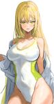  1girl :o blonde_hair blush breasts dot_nose green_eyes highres jacket lerome long_hair looking_at_viewer medium_breasts one-piece_swimsuit open_clothes open_jacket open_mouth original solo swimsuit wet wet_clothes wet_swimsuit white_background 