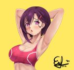  1girl :o armpits arms_behind_head arms_up asymmetrical_bangs bare_arms blush bra breasts chestnut_mouth cleavage euforia hair_ornament hairclip large_breasts looking_to_the_side medium_hair mikazuki_shizuka open_mouth purple_eyes purple_hair red_bra sideboob single_sidelock solo sports_bra sweat taut_clothes underwear upper_body yellow_background zom_100:_zombie_ni_naru_made_ni_shitai_100_no_koto 