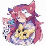  2girls :&lt; :d :o :| animal animal_ears blue_cat blue_eyes blush blush_stickers cat cat_ears cat_hair_ornament chibi closed_mouth demon_tail dot_nose hair_ornament hair_over_one_eye hairclip half-closed_eyes heterochromia highres holding holding_animal holding_cat hood hoodie horns light_blush long_hair looking_at_viewer multiple_girls original paper paper_on_head pink_eyes pink_hair red_eyes red_hair simple_background single_horn smile tail twintails uenomigi upper_body wavy_hair whiskers white_background white_hoodie yellow_cat 
