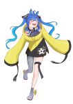  1girl absurdres animal_ears black_dress black_ribbon blue_hair coat commentary cosplay dress facing_to_the_side full_body grey_thighhighs hair_ribbon halterneck highres horse_ears horse_girl iono_(pokemon) iono_(pokemon)_(cosplay) leg_up long_hair long_sleeves open_mouth pokemon pokemon_(game) pokemon_sv ribbon sharp_teeth short_dress sidelocks simple_background single_thighhigh sleeves_past_fingers sleeves_past_wrists smile solo standing standing_on_one_leg star_(symbol) teeth thigh_strap thighhighs twin_turbo_(umamusume) twintails umamusume white_background yellow_coat zephda 