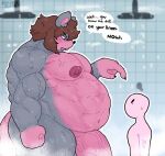  abs anon anthro blush bodily_fluids brown_hair dialogue duo fur genitals grey_body grey_fur hair humanoid hyper hyper_genitalia imminent_rape khrunkisillegal looking_down male male/male muscle_size_difference musclegut nipples pecs penis pink_body pink_nipples roque_(khrunkisillegal) shower_head shower_room size_difference steam sweat sweatdrop tile tile_wall vein veiny_muscles veiny_penis wall_(structure) 