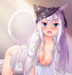  1girl akine_(kuroyuri) animal_ear_fluff animal_ears black_headwear blue_eyes blush breasts cat_ears cat_girl cat_tail fang hair_between_eyes hair_ornament hairclip highres indoors large_breasts long_hair long_sleeves looking_at_viewer naked_shirt nipples no_bra no_panties open_clothes open_mouth original shirt solo tail white_hair 