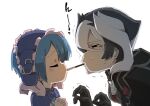  1boy 1girl age_difference black_hair blue_corset blue_hair child closed_eyes corset gloves hair_between_eyes hetero made_in_abyss maid maid_headdress maruruk mouth_hold multicolored_hair onee-shota otoko_no_ko own_hands_together ozen pocky_day shaking short_hair simple_background sweat two-tone_hair whistle white_background white_hair ximu_shilang 