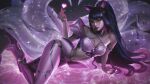  1girl absurdres ahri_(league_of_legends) alternate_costume animal_ears artist_name black_hair blue_eyes breasts cleavage closed_mouth emriikun facial_mark fingernails fox_ears fox_girl fox_tail hair_between_eyes hair_ornament hairclip heart high_heels highres league_of_legends long_hair looking_at_viewer mole mole_under_eye multiple_tails nail_polish navel pink_nails ponytail sharp_fingernails sidelocks single_bare_shoulder smile solo tail whisker_markings 