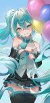  1girl absurdres balloon bare_shoulders black_skirt black_sleeves black_thighhighs blue_background blue_eyes blue_hair blue_necktie collared_shirt commentary_request detached_sleeves floating_hair grey_shirt hatsune_miku highres holding holding_balloon long_hair long_sleeves may.l necktie pleated_skirt shirt skirt sleeveless sleeveless_shirt smile solo thighhighs tie_clip twintails very_long_hair vocaloid wide_sleeves 