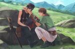  2boys alec_(arc_the_lad) arc_the_lad arc_the_lad_iii bandages bandaid belt black_footwear black_hair boots brown_hair closed_mouth gloves grass iro_saki jewelry lutz_(arc_the_lad) mountain multiple_boys necklace short_hair sword weapon 