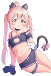  1girl ? absurdres ahoge animal_ears animal_hands belly_grab blonde_hair blush brown_eyes cat_ears cat_lingerie cat_tail flab gloves highres long_hair lying meme_attire on_side onii-chan_wa_oshimai! oyama_mahiro paw_gloves solo tail twintails wasabiyoukan white_background 