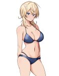  1girl arms_behind_back bikini blonde_hair blue_bikini blue_eyes breasts cleavage contrapposto cowboy_shot hair_ornament hairclip highres kantai_collection large_breasts navel one-hour_drawing_challenge short_hair simple_background solo sora_(sora_clear_sky) swimsuit tuscaloosa_(kancolle) white_background 