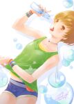  1girl bare_arms blue_shorts bottle breasts brown_eyes brown_hair bubble collarbone commentary_request cowboy_shot dated eyelashes floral_print green_shirt highres holding holding_bottle leaning_to_the_side looking_at_viewer open_mouth persona persona_4 qoo1234 ramune satonaka_chie shadow shirt short_hair short_shorts shorts signature sleeveless sleeveless_shirt small_breasts solo sweatdrop tongue tongue_out wristband 