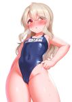  1girl blue_one-piece_swimsuit blush breasts cameltoe covered_navel fate/kaleid_liner_prisma_illya fate_(series) hair_between_eyes highres illyasviel_von_einzbern long_hair looking_at_viewer name_tag one-piece_swimsuit open_mouth red_eyes school_swimsuit sidelocks small_breasts solo swimsuit white_background white_hair zirba 