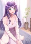  1girl absurdres bare_shoulders bed breasts curtains dress green_eyes hair_between_eyes highres long_hair long_sleeves materu_(2532) on_bed open_mouth original pink_dress plant purple_hair solo 