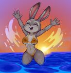  2023 4_fingers anthro bikini breasts clothing dipstick_ears disney eyebrows eyelashes eyes_closed female fingers fur glistening glistening_bikini glistening_clothing glistening_swimwear glistening_thighs gold_bikini golden_week grey_body grey_fur happy hi_res judy_hopps lagomorph leporid mammal multicolored_ears navel nebssik open_mouth open_smile partially_submerged rabbit sea smile solo standing_in_water sunset swimwear water wet zootopia 