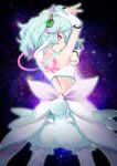 1girl absurdres aqua_hair arm_up arm_warmers back back_bow backless_dress backless_outfit bare_back bloomers bow cure_supreme dress highres huge_bow kazuma_muramasa median_furrow medium_hair multicolored_hair precure_all_stars_f purple_hair rabbit_tail red_eyes solo streaked_hair tail underwear white_dress 