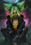 absurdres blurry blurry_background electricity facial_mark fingerless_gloves gloves green_hair highres indian_style jacket league_of_legends luifer_black sitting zeri_(league_of_legends) 