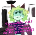  2d ambiguous_gender anthro black_clothing black_shirt black_topwear bovid caprine clothing fan_character fur goat green_body green_eyes green_fur green_hair hair horn jacket jerma985 low_res male male/male mammal meme shirt shitpost sillylar smile smiling_at_viewer smirk smirking_at_viewer solo sparkles standing topwear unknown_character 