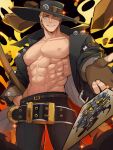  1boy abs bare_pectorals belt blonde_hair card feet_out_of_frame fingerless_gloves foreshortening gloves grin guilty_gear guilty_gear_strive hat highres jacket johnny_(guilty_gear) kyou_(ningiou) large_belt long_hair looking_at_viewer male_focus muscular muscular_male navel nipples obliques open_clothes open_jacket outstretched_hand pectorals playing_card smile solo sparkle stomach thick_eyebrows thighs v-taper 