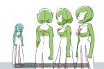  4girls alternate_color arms_at_sides back blue_hair blue_skin bob_cut breast_conscious breasts bright_pupils closed_mouth collarbone colored_skin commentary ddingyong english_commentary facing_away flat_chest from_behind full_body gardevoir green_hair green_skin hair_over_one_eye highres korean_text legs_together looking_at_another looking_down medium_breasts multicolored_skin multiple_girls one_eye_covered orange_eyes pokemon pokemon_(creature) red_eyes shiny_pokemon short_hair standing sweat translation_request two-tone_skin white_pupils white_skin 