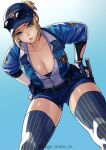  1girl absurdres baseball_cap blonde_hair blue_eyes blue_gloves blue_jacket blue_shorts blue_thighhighs breasts cleavage eyewear_on_head final_fight fingerless_gloves from_below gloves hat highres jacket kagematsuri lucia_morgan open_clothes open_jacket partially_fingerless_gloves police police_uniform policewoman shorts street_fighter street_fighter_v striped striped_thighhighs sunglasses thighhighs uniform 