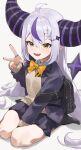  1girl absurdres ahoge alternate_costume black_horns black_socks bow bowtie braid braided_bangs d4kou16 grey_hair hair_ornament highres hololive horns la+_darknesss la+_darknesss_(1st_costume) multicolored_hair pointy_ears purple_hair school_uniform sitting socks solo streaked_hair striped_horns yellow_bow yellow_bowtie yellow_eyes 