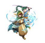  1boy 1girl aged_down book brown_footwear cloak fire fire_emblem fire_emblem:_the_blazing_blade fire_emblem_heroes glowing green_eyes green_hair green_hood holding holding_book holding_sword holding_weapon hood hooded_cloak jewelry long_hair lyn_(fire_emblem) mark_(fire_emblem:_the_blazing_blade) necklace no_eyes open_book pelvic_curtain ponytail swing sword weapon white_background 