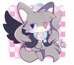  1other androgynous animal animal_ears bayachao black_tunic blush candy flying food furry grey_fur jewelry lollipop long_tail original ribbon ring short_twintails stitching striped striped_ribbon tail twintails wings 