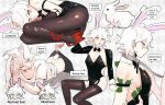  1boy 1other :d amputee anger_vein angry animal_ears armband back_cutout black_bow black_bowtie black_leotard black_pants black_sleeves blush bow bowtie brown_pantyhose brown_thighhighs chain closed_mouth clothing_cutout collar danganronpa_(series) danganronpa_2:_goodbye_despair detached_collar english_text fetal_position fishnets frown garter_straps grey_eyes grey_male_underwear hair_between_eyes hand_on_another&#039;s_chest head_rest high_heels highres kemonomimi_mode komaeda_nagito leg_ribbon leotard long_sleeves looking_at_viewer lying male_focus male_playboy_bunny male_underwear male_underwear_pull metal_collar money multiple_views one_eye_closed open_mouth pants pantyhose plaid_male_underwear playboy_bunny profile rabbit rabbit_ears rabbit_tail rabbits_foot red_footwear red_ribbon ribbon seumol_sx shirt short_hair short_sleeves shrug_(clothing) sitting smile speech_bubble strapless strapless_leotard sweat t-shirt tail thighhighs torn_clothes torn_pantyhose tucked_money underwear wavy_hair white_background white_collar white_hair white_rabbit_(animal) white_shirt 