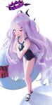  1girl abi_(user_nzav7333) absurdres antenna_hair barefoot black_leotard blue_archive full_body hair_ornament hairclip halo highres hina_(blue_archive) hina_(swimsuit)_(blue_archive) horns leotard long_hair looking_at_viewer purple_eyes sandals simple_background solo standing very_long_hair white_background 