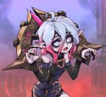  1girl ahoge bags_under_eyes belt black_belt briar_(league_of_legends) colored_sclera detached_sleeves english_commentary fingernails gradient_hair grey_hair hair_between_eyes korean_commentary league_of_legends long_hair looking_at_viewer multicolored_hair no_pupils phantom_ix_row pink_hair pointy_ears red_sclera sharp_fingernails sharp_teeth sidelocks solo teeth two-tone_hair upper_body upper_teeth_only vampire white_eyes wrist_cuffs 