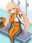  1girl bench blonde_hair blurry bodysuit breasts brooklyn_(kancolle) commentary_request cosplay depth_of_field english_commentary feet_out_of_frame gloves gundam gundam_seed headwear_removed helmet helmet_removed highres impossible_clothes kantai_collection large_breasts locker long_hair mixed-language_commentary orange_bodysuit orange_gloves pilot_suit red_eyes solo timosan towel tumbler 