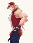  1boy ass bara bare_arms baseball_cap belt blonde_hair bulge bulge_lift denim dressing fatal_fury feet_out_of_frame from_side hal_(harenchiou) hat highres i&#039;ve_never_seen_a_guy_recreate_this_successfully_tbh_(meme) jeans large_pectorals male_focus male_underwear meme motion_lines muscular muscular_male open_belt open_pants pants pants_lift pectorals red_male_underwear shirt short_hair solo sweatdrop tears terry_bogard torn_clothes torn_shirt undersized_clothes underwear veins veiny_arms 