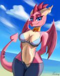  2023 4:5 activision anthro beach big_breasts bikini blue_eyes bottomwear breasts clothed clothing cloud collar curvy_figure denim denim_clothing digital_media_(artwork) digital_painting_(artwork) dragon ember_(spyro) eyebrows female hands_behind_back hi_res horn jeans looking_at_viewer membrane_(anatomy) membranous_wings navel open_bottomwear open_clothing open_jeans open_pants pants paradoxing pink_body raised_eyebrow scalie seaside smile solo spikes spikes_(anatomy) spyro_the_dragon swimwear tail wide_hips wings yellow_body 