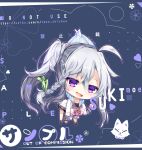  1girl 2020 9-nine- :3 ahoge artist_name blue_background blush braid chibi chinese_commentary colored_eyelashes cursor dated_commentary dress frilled_dress frills furrowed_brow green_ribbon grey_hair hair_between_eyes hair_ribbon hand_up hanging heart highres imoe_(1017933989) long_hair long_sleeves looking_at_viewer neck_ribbon niimi_sora open_mouth pink_ribbon purple_eyes ribbon school_uniform short_dress side_ponytail simple_background single_braid smile solo v very_long_hair wavy_hair white_dress 