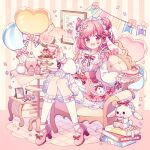  1girl :d animal_ears armchair balloon blush book book_stack bookmark bow bowtie brooch cake cake_slice chair checkerboard_cookie commentary_request compact_(cosmetics) confetti cookie corset cosmetics cross-laced_clothes cup cupcake double_bun drawer dress eyelashes facial_mark floppy_ears flower food footwear_bow fork frilled_dress frilled_sleeves frilled_socks frills fruit full_body hair_bun hair_flower hair_ornament hands_up headdress heart heart_balloon heart_brooch heart_facial_mark holding holding_cup holding_plate hyou_(pixiv3677917) jar jewelry kneehighs layered_dress lipstick_tube long_sleeves looking_at_viewer macaron nail_polish_bottle on_chair open_mouth original picture_frame pink_background pink_bow pink_corset pink_dress pink_eyes pink_flower pink_footwear pink_hair pink_ribbon plate rabbit_ears red_bow red_bowtie ribbon saucer shoes short_hair sidelocks simple_background sitting smile socks solo sparkle steam strawberry string_of_flags striped striped_background stuffed_animal stuffed_rabbit stuffed_toy sugar_cube swept_bangs table tablecloth tea teacup teapot tiered_tray two-tone_background two-tone_dress white_bow white_dress white_flower white_socks yellow_background 