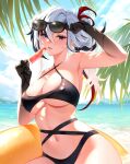  1girl areola_slip arlecchino_(genshin_impact) armpits beach bikini black_bikini black_eyes black_hair black_hands black_nails breasts covered_nipples criss-cross_halter day fingernails food food_on_body food_on_breasts genshin_impact grey_hair hair_between_eyes hair_bun halterneck highres holding holding_food holding_popsicle innertube large_breasts long_hair looking_at_viewer lyusiola melting multi-strapped_bikini multicolored_hair navel ocean open_mouth outdoors palm_leaf popsicle red_hair red_nails red_pupils removing_sunglasses sharp_fingernails solo streaked_hair sunglasses sunlight swimsuit symbol-shaped_pupils x-shaped_pupils 